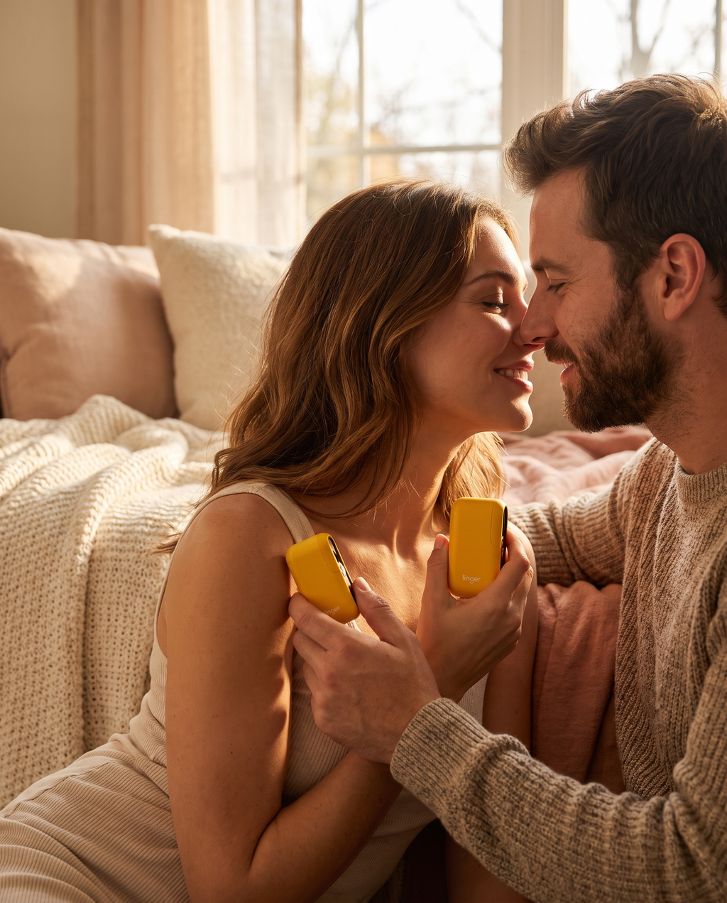 Couple leaning in with Linger